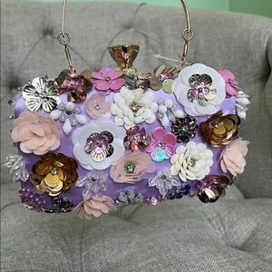 Bebe Floral Embellished Handbag - Purple and Gold